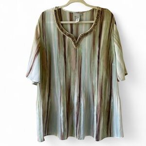 Catherines Green and Brown Pleated Women's Blouse